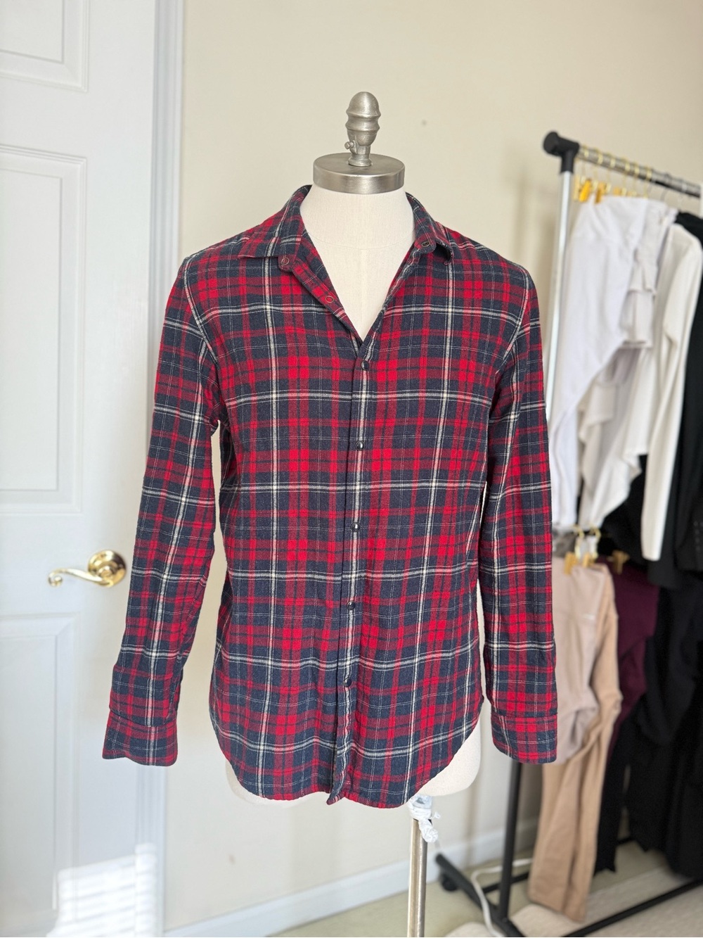 Zara Men's Red and Blue Plaid Button-Down Shirt